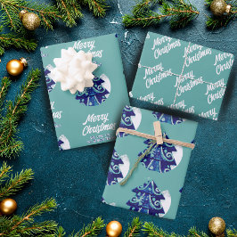 Hoja De Papel De Regalo Christmas Tree Artistic Blue Merry Script