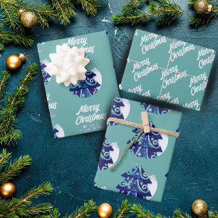 Hoja De Papel De Regalo Christmas Tree Artistic Blue Merry Script