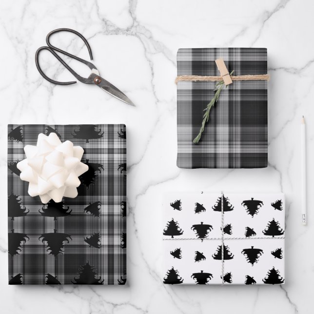 Hoja De Papel De Regalo Christmas Trees Black Plaid (Anverso)