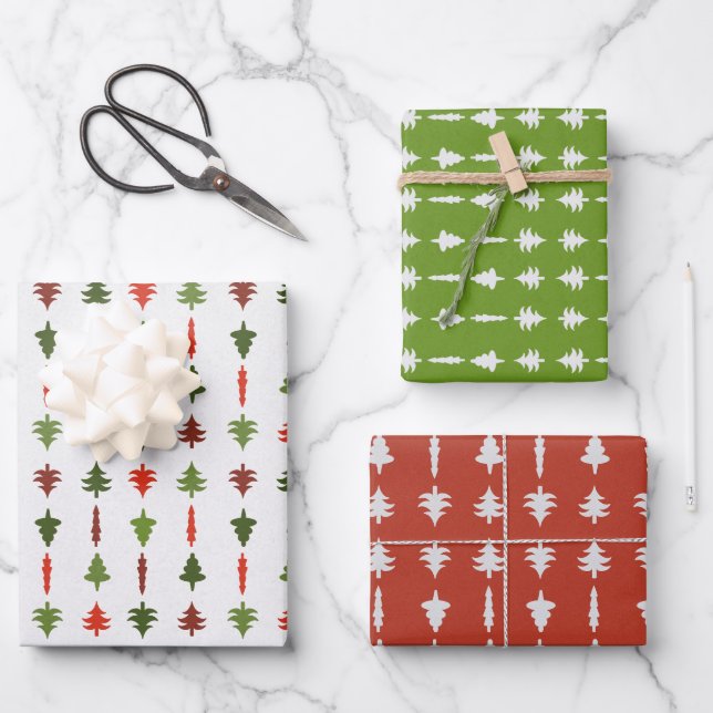 Hoja De Papel De Regalo Christmas Trees Red White Green  (Anverso)