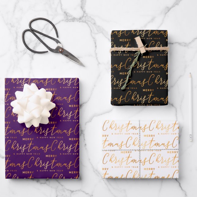 Hoja De Papel De Regalo Christmas Word Art on Purple, Black and White (Anverso)