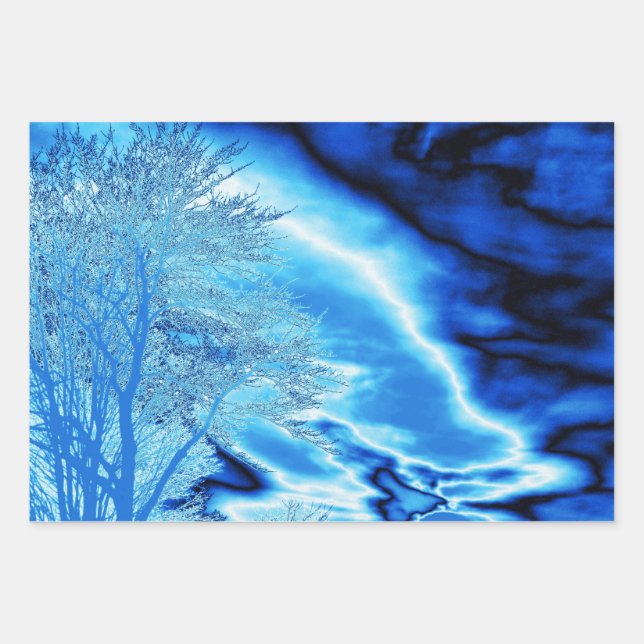 Hoja De Papel De Regalo Cielo azul cobalto de árbol de invierno helado (Anverso)