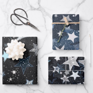Hoja De Papel De Regalo Cielo azul marino con luna plateada y estrellas