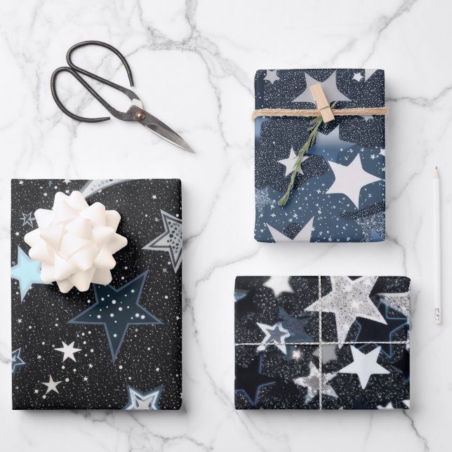 Hoja De Papel De Regalo Cielo azul marino con luna y estrellas plateadas (Anverso)