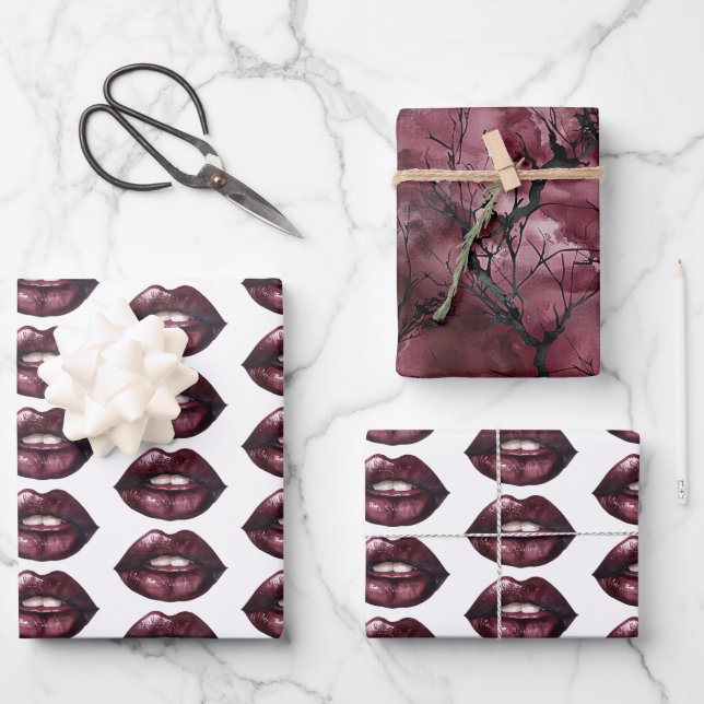 Hoja De Papel De Regalo Cielo de Ramas Labios Rojos (Anverso)