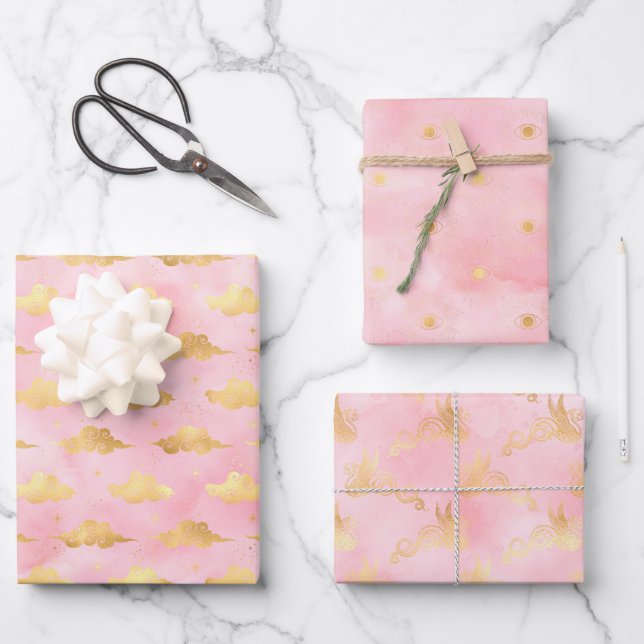 Hoja De Papel De Regalo Cielos celestesPapel de envolver rosa y dorado (Anverso)