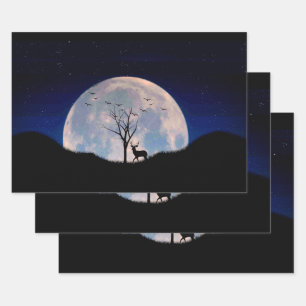 Hoja De Papel De Regalo Ciervo con Cornamenta Grande Contra Luna Llena