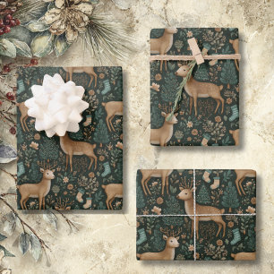 Hoja De Papel De Regalo Ciervo de Bosque Rústico y Árbol de Navidad de Pin