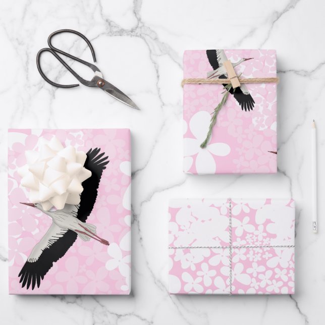 Hoja De Papel De Regalo Cigüeñas y flores silvestres (Anverso)