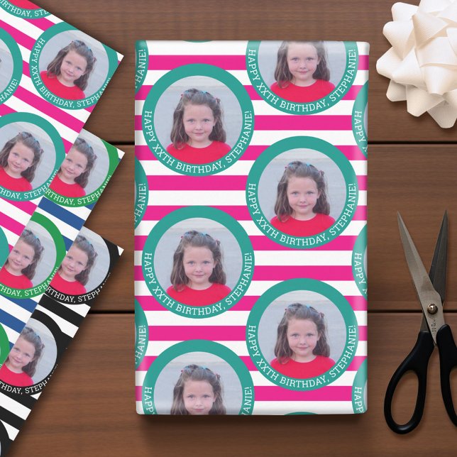 Hoja De Papel De Regalo Circle One Photo Happy Birday Greet - Rayas (Custom Photo Wrapping Paper)
