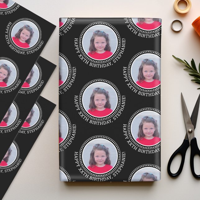Hoja De Papel De Regalo Circle One Photo Happy Birthday Greet - Negro (Personalized Wrapping Paper - add photos to this festive holiday design)