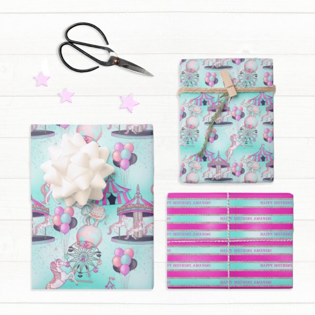 Hoja De Papel De Regalo Circo de cumpleaños feliz personalizado (Personalize this cute circus birthday themed wrapping paper with just a few clicks.)