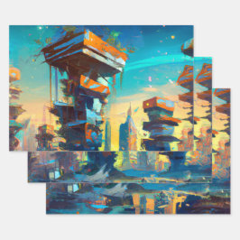 Hoja De Papel De Regalo Ciudad distópica futurista, pintura generada por I