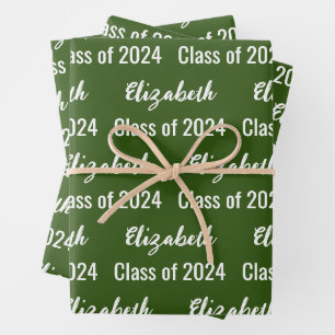 Hoja De Papel De Regalo Clase de 2024 Nombre del graduado Verde oscuro y b