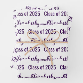 Hoja De Papel De Regalo Clase de 2025 Nombre del graduado Blanco y Púrpura