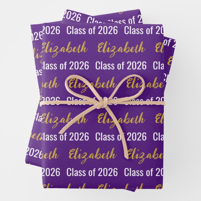 Hoja De Papel De Regalo Clase de 2026 Grad's Name Royal Purple White Gold (In situ)