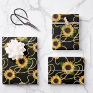 Hoja De Papel De Regalo Clásico amarillo girasol elegante patrón en negro