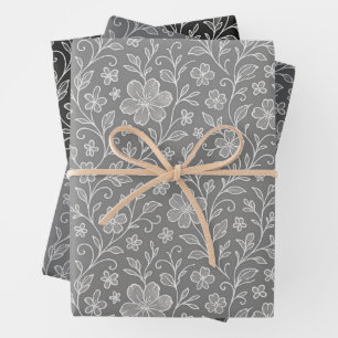 Hoja De Papel De Regalo Clásico Deja El Patrón De Arte Floral En Gris Y Ne