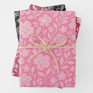 Hoja De Papel De Regalo Clásico Deja El Patrón De Arte Floral En Rosa Negr