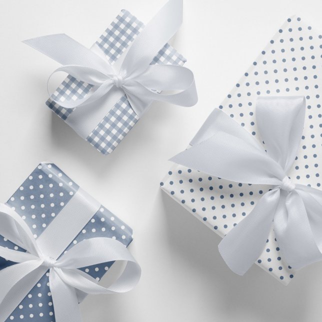 Hoja De Papel De Regalo Clásico Dusty Blue Polka Dots Gingham Pattern Mix (Dusty blue and white polka dots and gingham checks pattern mix and match wrapping paper sheets.)