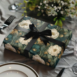 Hoja De Papel De Regalo Clásico floral navideño invernal verde y blanco