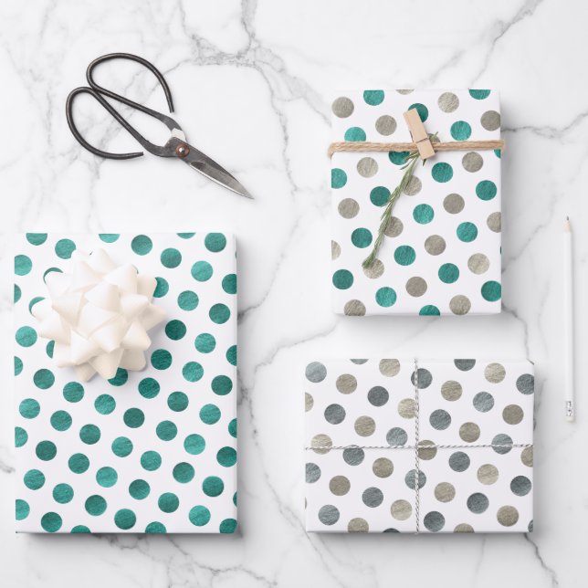 Hoja De Papel De Regalo Clásico Polka Verde azulado blanco y plateado con  (Anverso)