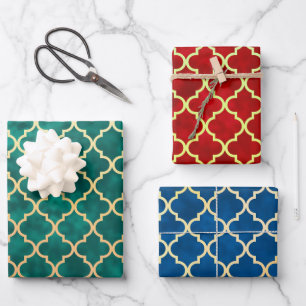Hoja De Papel De Regalo Clásico Quatrefoil Oro Rojo Azul Holiday