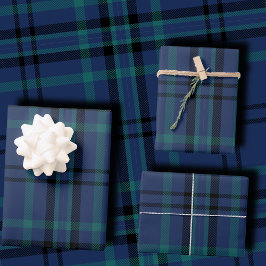 Hoja De Papel De Regalo Clásico Tartán de Navidad en Azul Marino y Verde