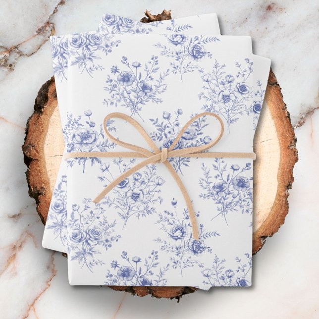 Hoja De Papel De Regalo Classic Blue Flowers Pattern French blue toile (Close up)