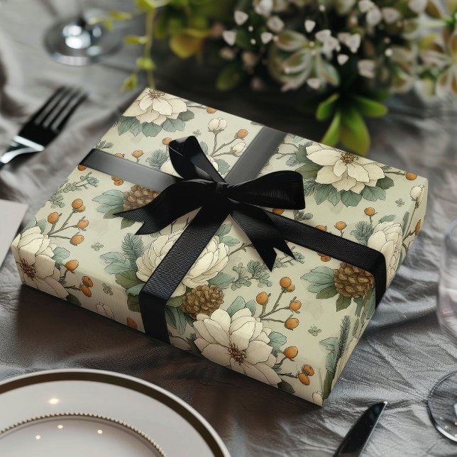 Hoja De Papel De Regalo Classic Christmas Cream and Sage Green Floral Gift (Subido por el creador)