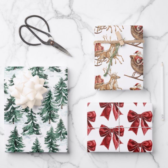 Hoja De Papel De Regalo Classic Christmas Santa Sleigh Trees Red Bows (Anverso)