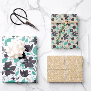 Hoja De Papel De Regalo Clematis Watercolor Verde azulado Floral Gris