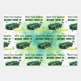 Hoja De Papel De Regalo Coche de Carreras verde de fiesta de cumpleaños de