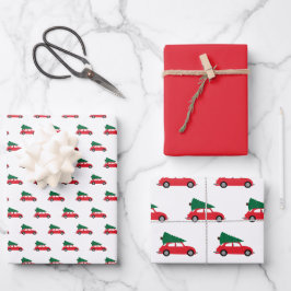 Hoja De Papel De Regalo Coche Rojo Retro con árbol de Navidad en el techo