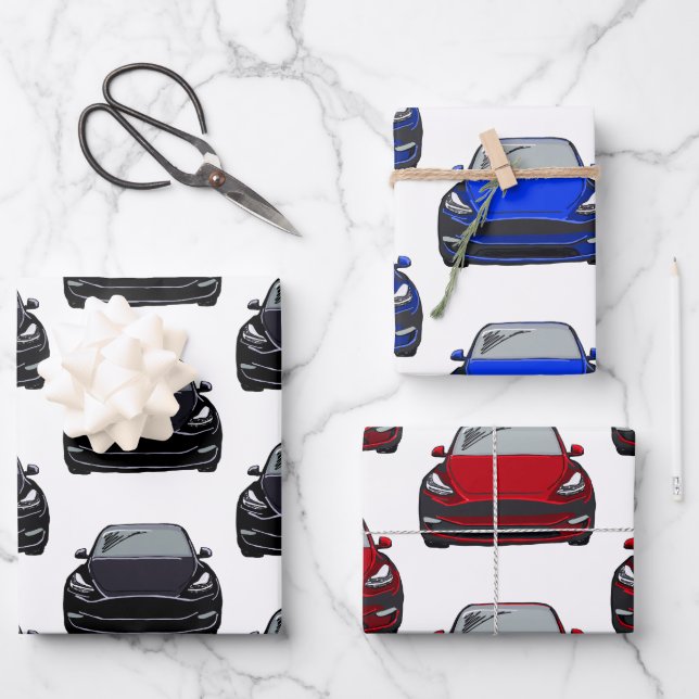 Hoja De Papel De Regalo Coche SUV eléctrico rojo, negro y azul (Anverso)