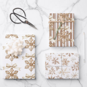 Hoja De Papel De Regalo Cocoa Cream Copos de Nieve Rayas Navidad 