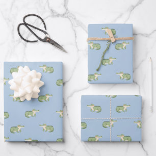 Hoja De Papel De Regalo Cocodrilos acuarela sobre azul claro
