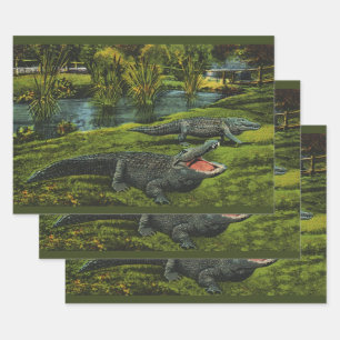 Hoja De Papel De Regalo Cocodrilos, Animales Reptiles Vida Marina Vintage