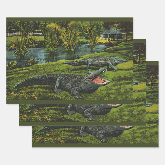 Hoja De Papel De Regalo Cocodrilos, Animales Reptiles Vida Marina Vintage (Set)