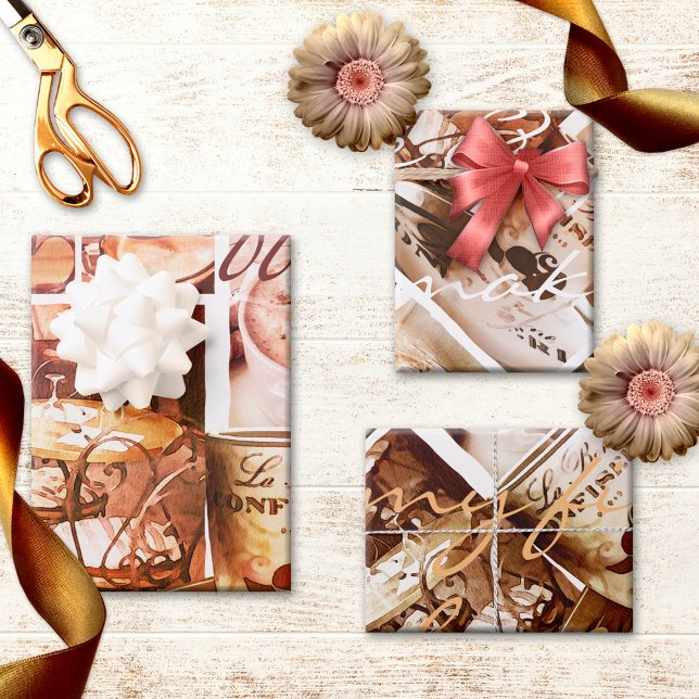 Hoja De Papel De Regalo Coffee Love Sweet Romantic Paris (Wrapping paper sheets featuring a collage of coffee images and Paris in watercolor style)