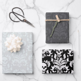 Hoja De Papel De Regalo Colección blanca clásica Skull Flame Damask