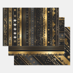 Hoja De Papel De Regalo Colección Elegante de Rayas Negras y Doradas