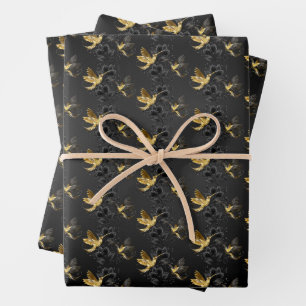 Hoja De Papel De Regalo Colibrí negro y dorado