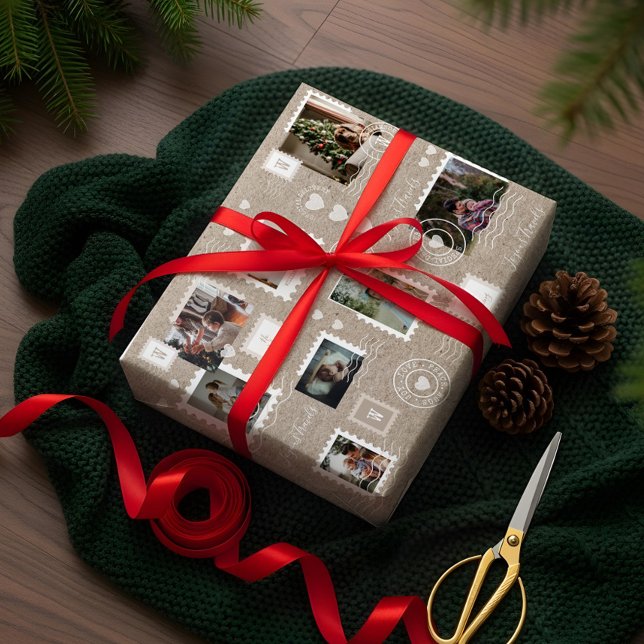 Hoja De Papel De Regalo Collage de fotos de sellos postales de entrega esp (Fun Special Delivery Postage Stamps Photo Collage Wrapping Paper Sheets)