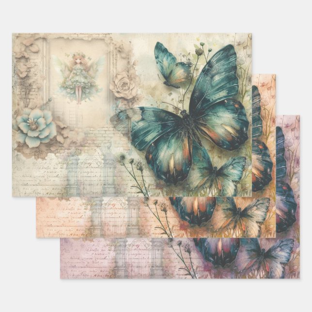 Hoja De Papel De Regalo Collage de mariposa de época (Set)