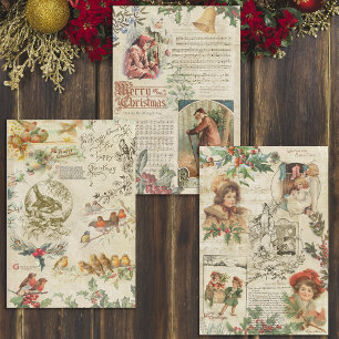 Hoja De Papel De Regalo Collage navideño de vintage Holly y padre