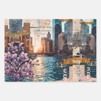Hoja De Papel De Regalo Collage Urbano de Chicago Vintage Ensueño