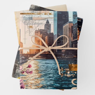 Hoja De Papel De Regalo Collage Urbano de Chicago Vintage Ensueño