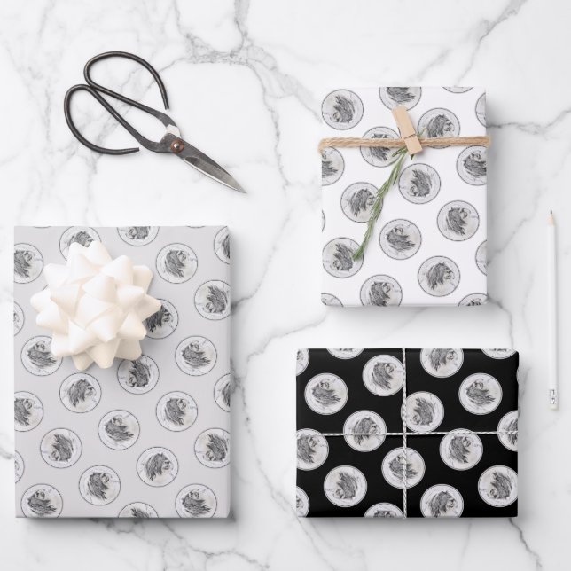 Hoja De Papel De Regalo Collie Beardie Black Drawing Cute Dog Art (Anverso)