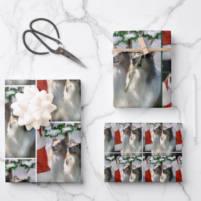 Hoja De Papel De Regalo Collies and Santa Navidades (Anverso)